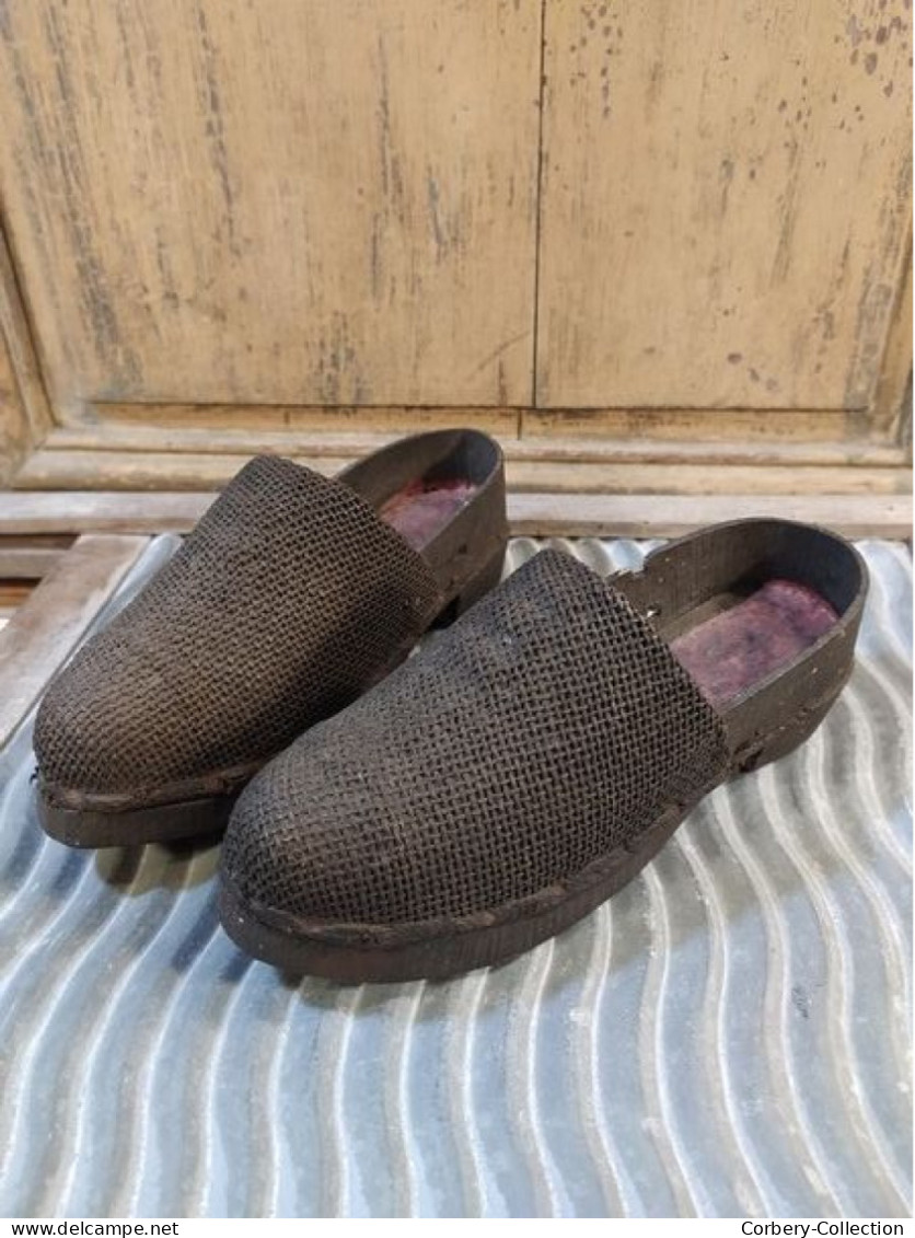 Ancienne Paire De Sabot Enfant En Toile XIXème / Sables D'Olonne Art Populaire - Schuhe