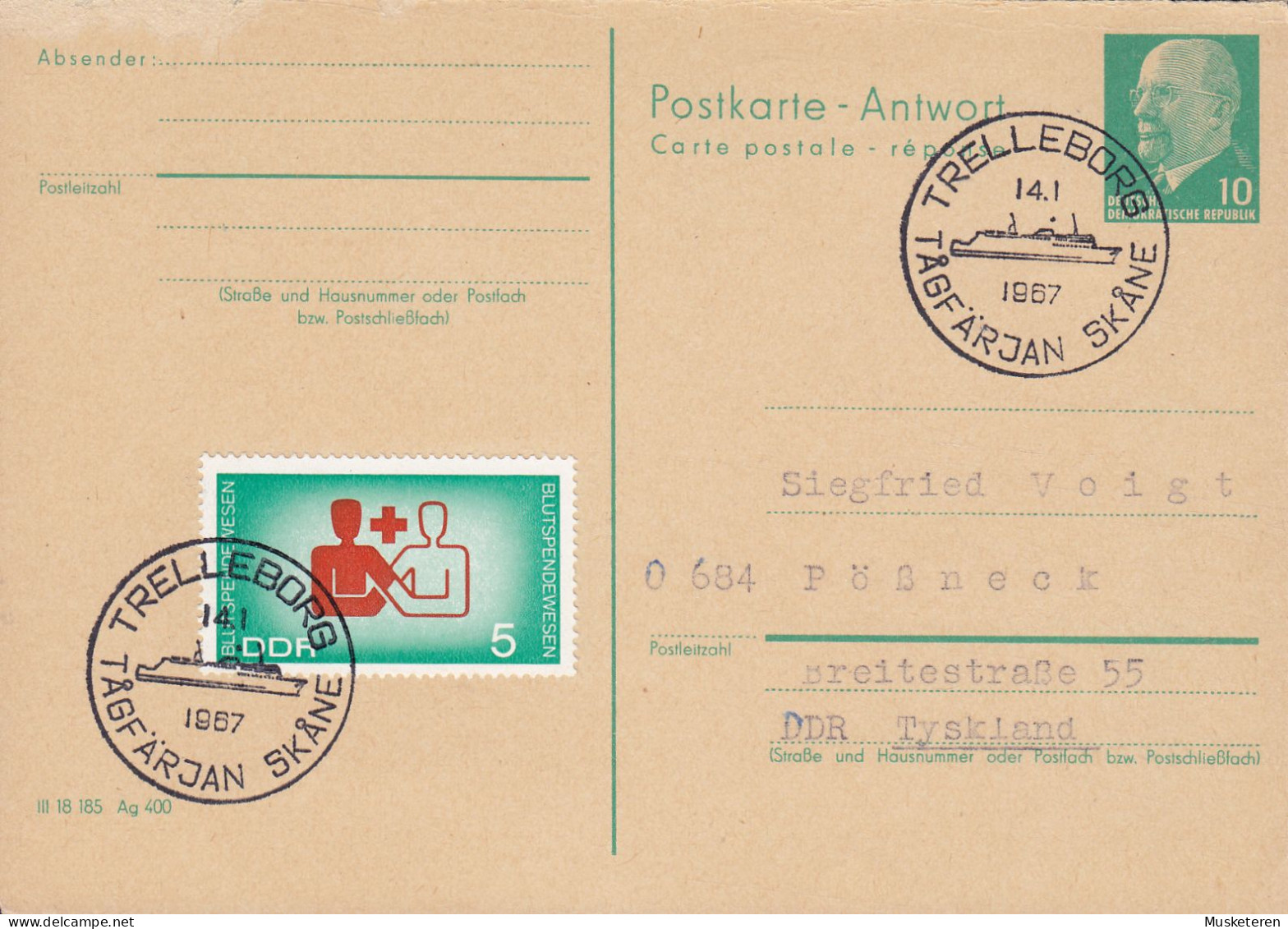 DDR Uprated Postal Stationery Ganzsache W. Ulbricht Antwort III 18 185 Ag 400 TRELLEBORG TÅGFÄRJAN SKÅNE 1967 Blod Donor - Postkaarten - Gebruikt