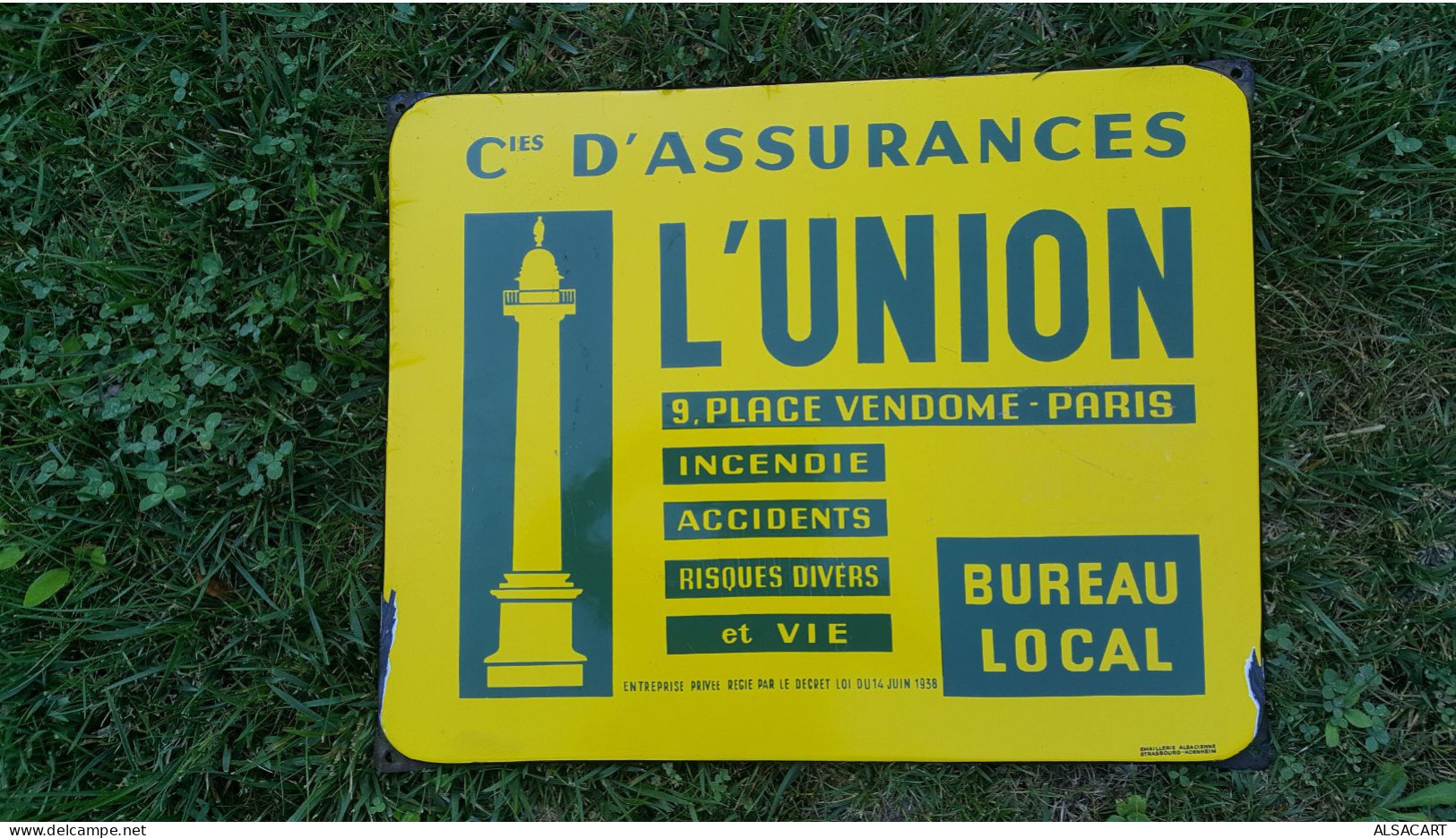 Plaque émaillée  Assurance Union ,place Vendome Paris , émaillerie Alsacienne De Strasbourg - Seguros