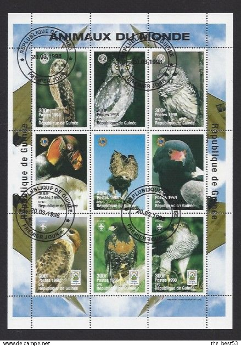 Bloc 9 Timbres Oblitérés Guinée 1998 -  Animaux Du Monde  -  Thème Rapaces Hiboux Chouettes - Aigles & Rapaces Diurnes