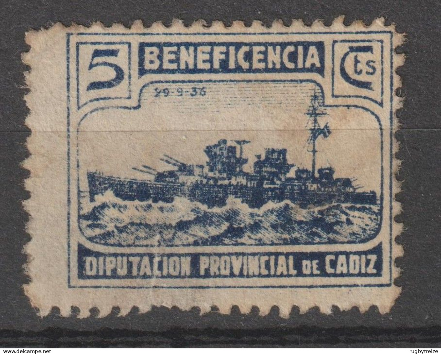 6973 BENEFICENCIA CADIZ 1938 Diputacion Provincial. BATEAU CUIRASSé - Spanish Civil War Labels