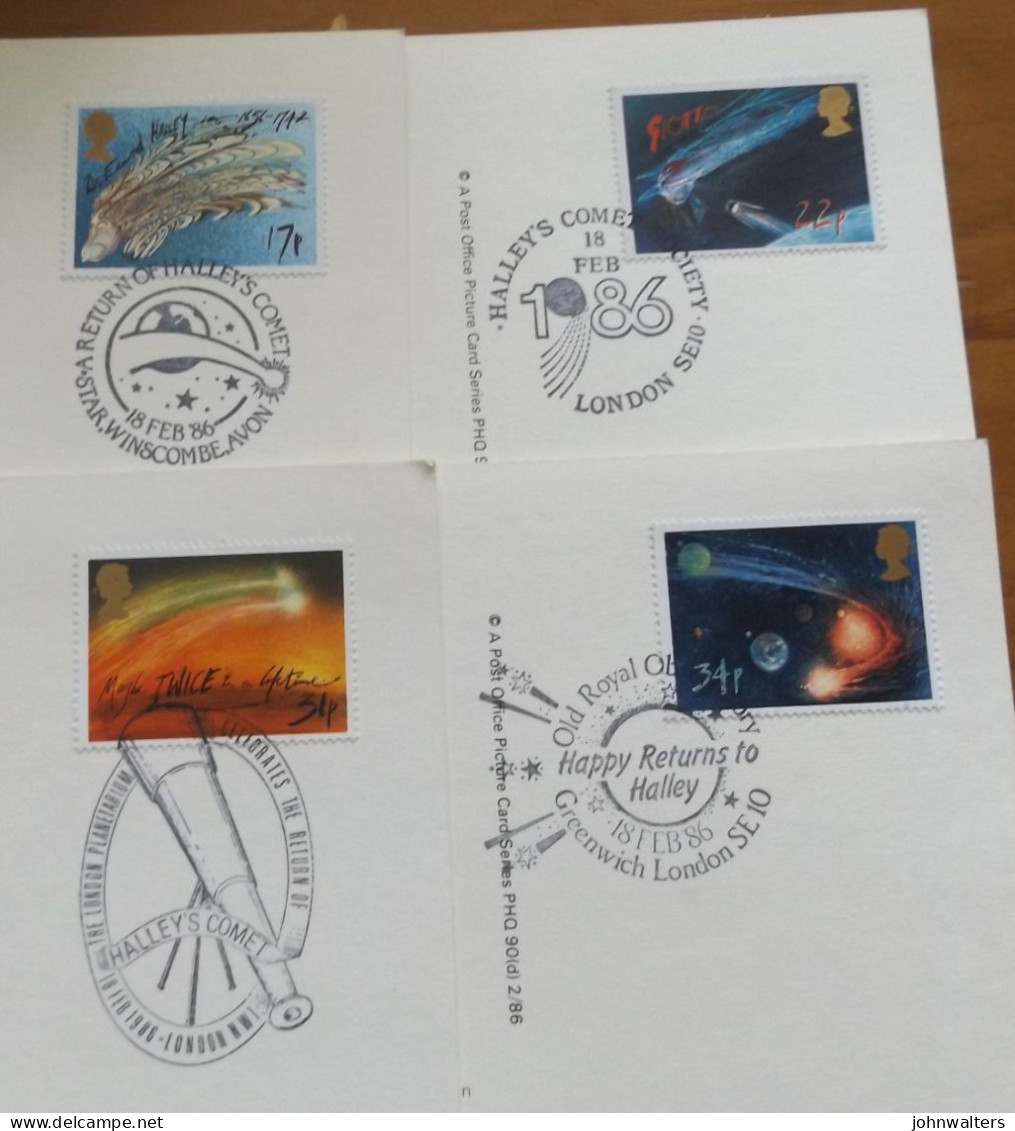 Halley's Comet 1986 Great Britain FDC's Set Of 4 PHQ  Maximum Stamp Cards All With Different Special Postmarks - Cartas Máxima