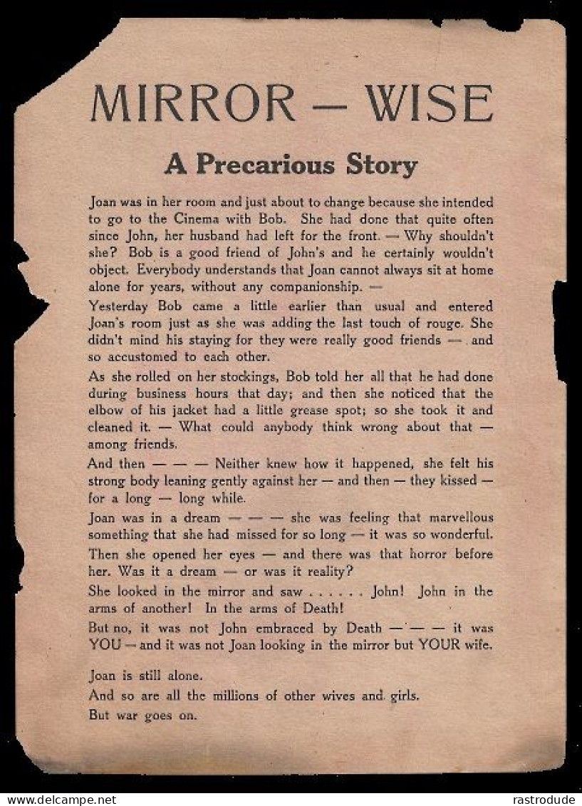 1944-45 RARE GERMAN ANTI-ALLIED PROPAGANDA LEAFLET "MIRROR-WISE A PRECARIOUS STORY". - Documents