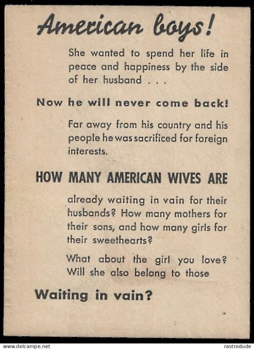 1944-45 GERMAN ANTI-ALLIED PROPAGANDA LEAFLET "WAITING IN VAIN".RISK OF SOLDIER WIVES BECOMING WIDOWS - Documenti