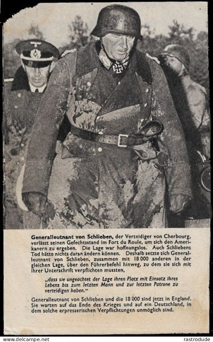 1944-45 D-DAY PROPAGANDA LEAFLET GENERALLEUTNANT VON SCHLIEBEN WITH US GUARDS AFTER HIS CAPTURE - Documenti