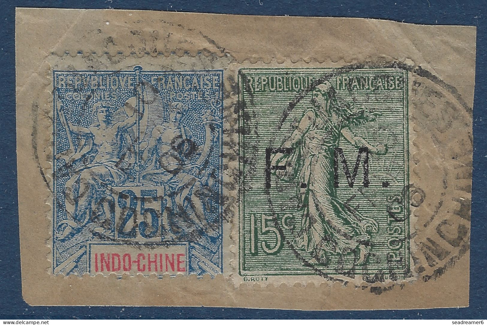 Fragment INDOCHINE N°20 Mixte Franchise Militaire N°3 Semeuse Lignée 15c Vert Olive Oblitérés Dateur " CAP ST JACQUES " - Covers & Documents