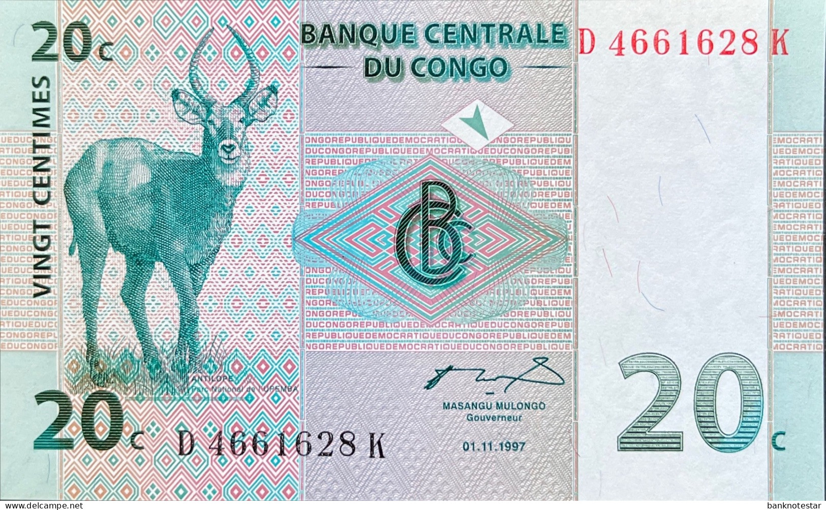 Congo Democratic Republic 20 Centimes, P-83 (1.11.1997) - UNC - République Démocratique Du Congo & Zaïre