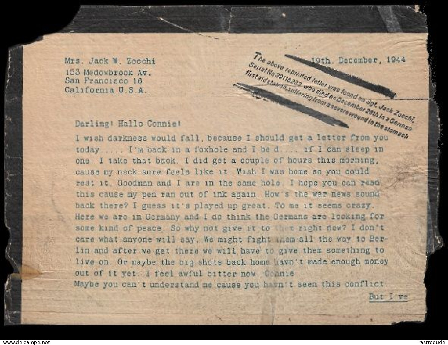 1944-45 GERMAN ANTI-ALLIED PROPAGANDA LEAFLET - MOURNING LETTER SAID TO BE WRITTEN BY U.S SOLDIER - Documents