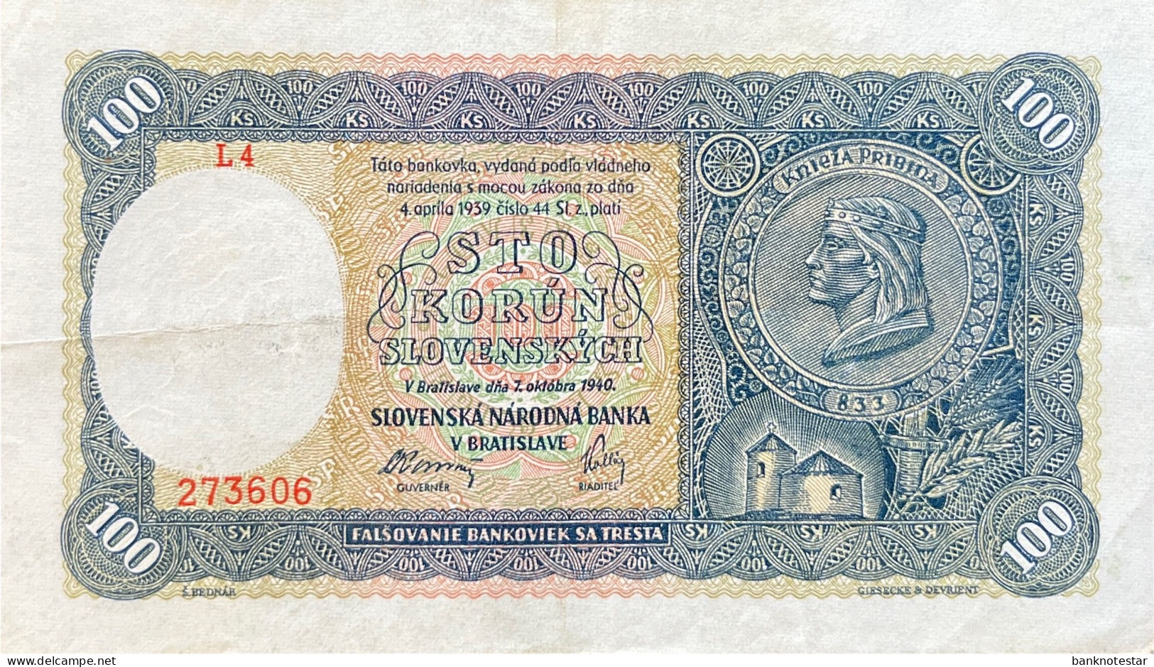 Slovakia 100 Korun, P-10 (07.10.1940) - Very Fine - Slovacchia