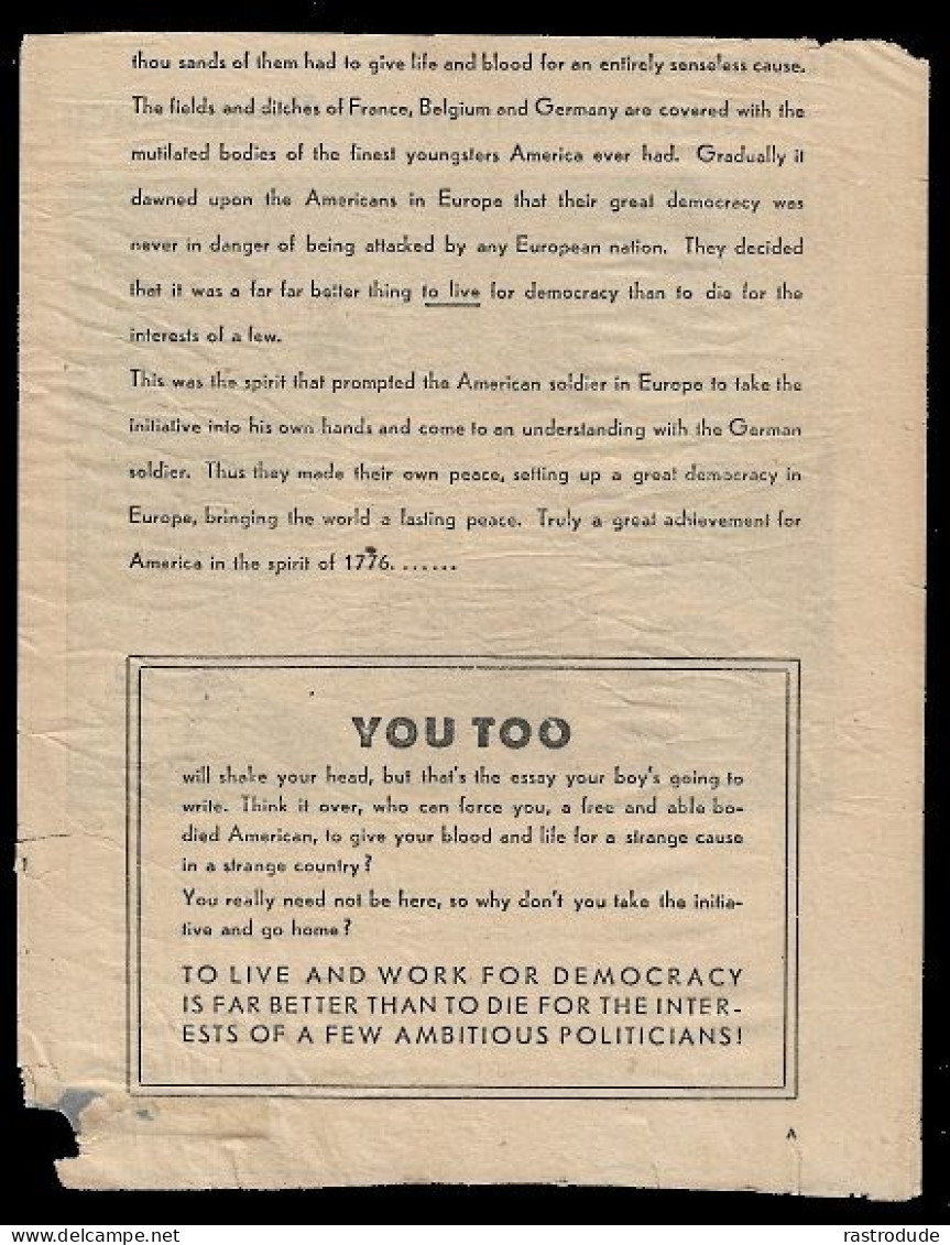 1944-45 GERMAN ANTI-ALLIED PROPAGANDA LEAFLET DURING THE BATTLE OF THE BULGE- INITIATIVE-THE FOUNDATION OF DEMOCRACY - Documenti