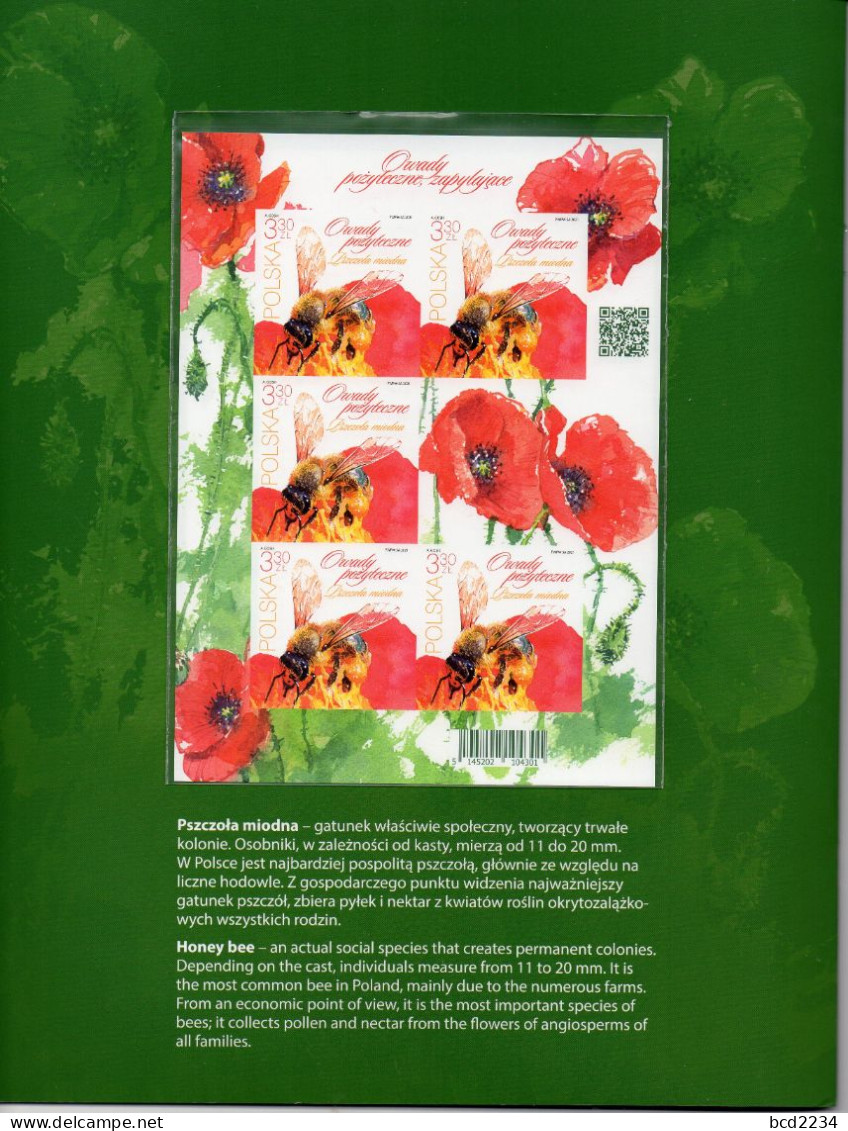 POLAND 2021 POST OFFICE LIMITED EDITION FOLDER: USEFUL INSECTS IMPERFORATED MS HONEY CARDER BEES & 4 OTHER BEES FLOWERS - Storia Postale