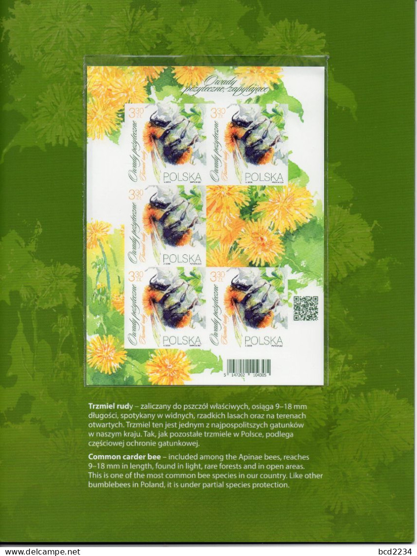 POLAND 2021 POST OFFICE LIMITED EDITION FOLDER: USEFUL INSECTS IMPERFORATED MS HONEY CARDER BEES & 4 OTHER BEES FLOWERS - Storia Postale