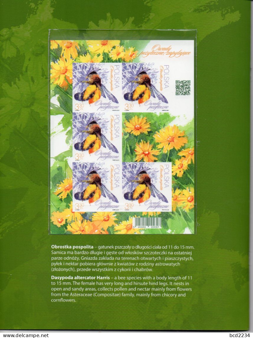 POLAND 2021 POST OFFICE LIMITED EDITION FOLDER: USEFUL INSECTS IMPERFORATED MS HONEY CARDER BEES & 4 OTHER BEES FLOWERS - Briefe U. Dokumente