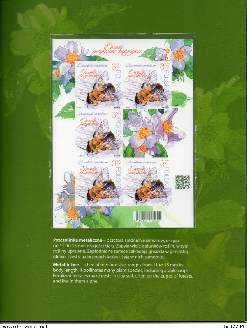 POLAND 2021 POST OFFICE LIMITED EDITION FOLDER: USEFUL INSECTS IMPERFORATED MS HONEY CARDER BEES & 4 OTHER BEES FLOWERS - Storia Postale