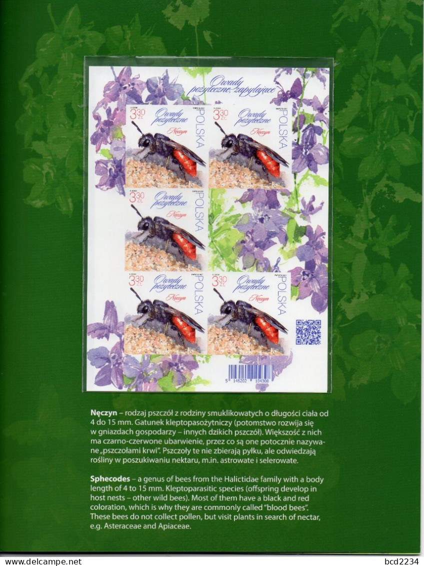 POLAND 2021 POST OFFICE LIMITED EDITION FOLDER: USEFUL INSECTS IMPERFORATED MS HONEY CARDER BEES & 4 OTHER BEES FLOWERS
