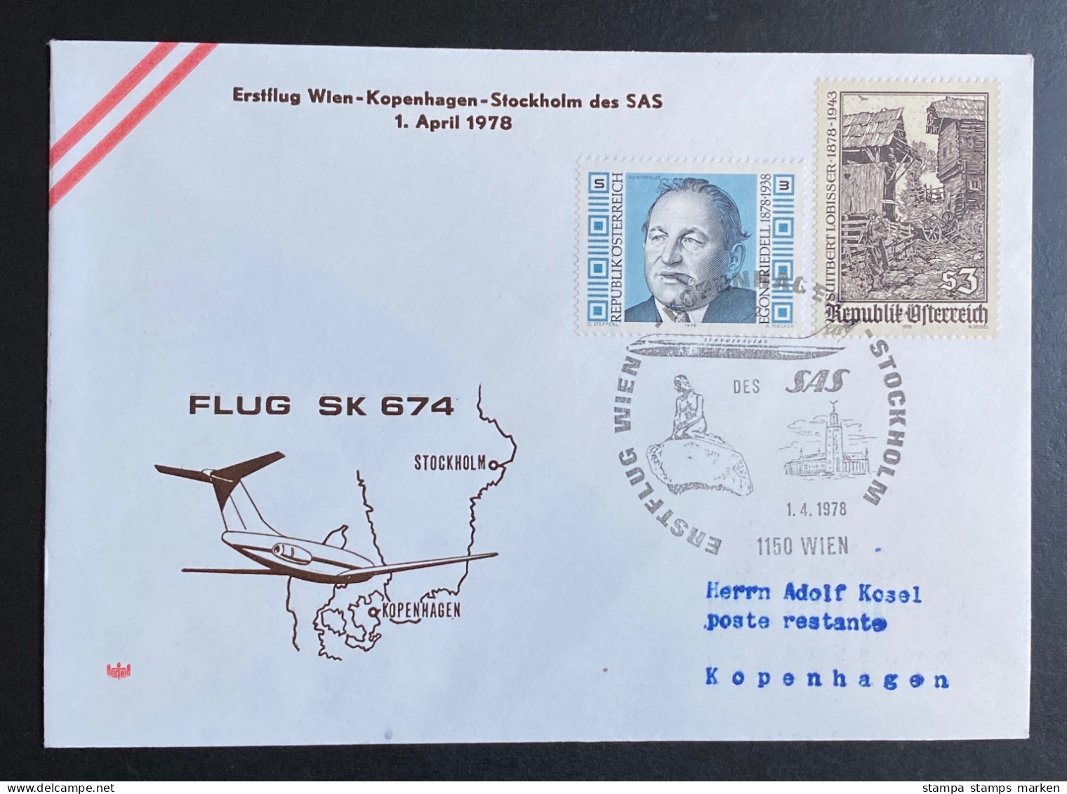 Österreich 1978 Erstflug SK 674 Wien-Kopenhagen-Stockholm Mit Sonderstempel SAS, Schmuckkuvert - Primeros Vuelos