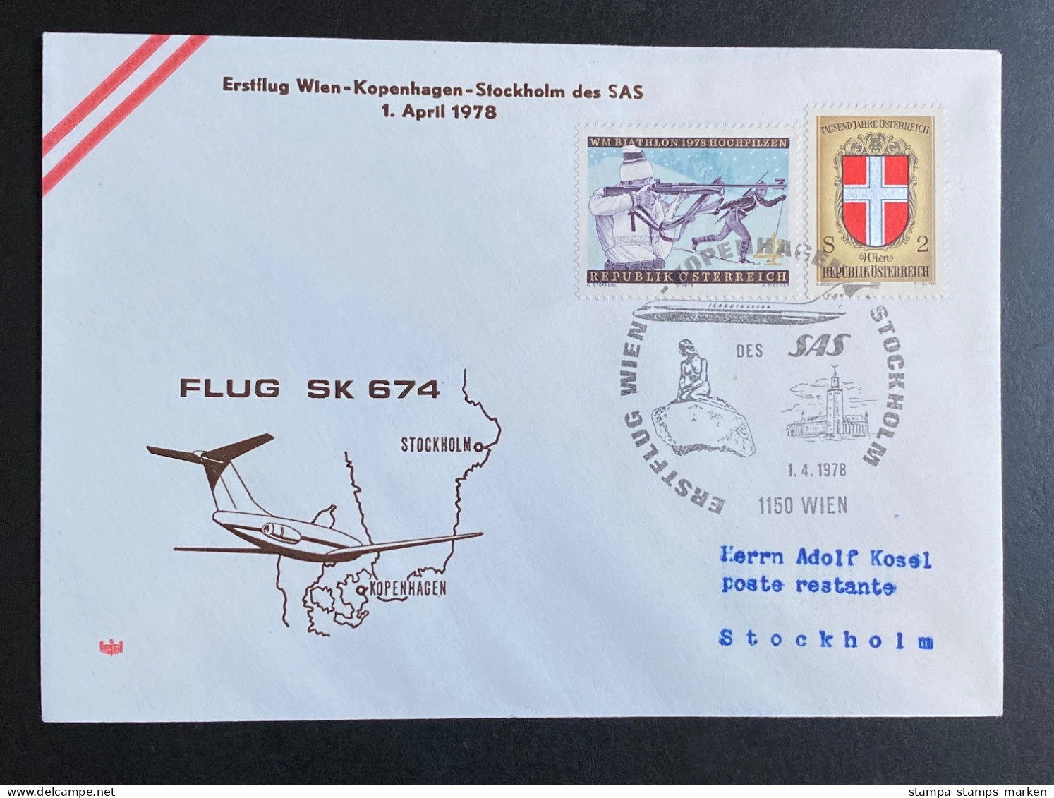 Österreich 1978 Erstflug SK 674 Wien-Kopenhagen-Stockholm Mit Sonderstempel SAS, Schmuckkuvert - Primeros Vuelos