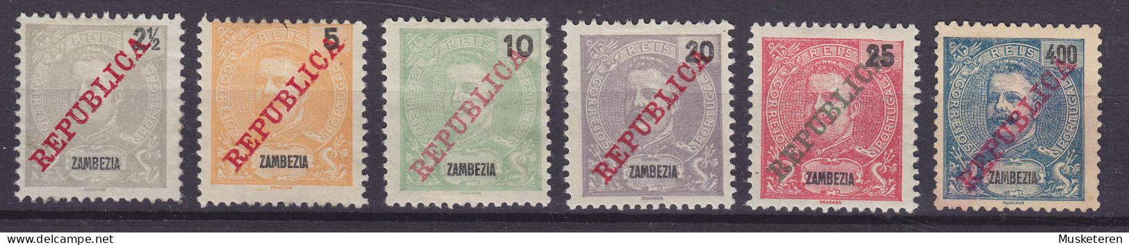 Zambezia 1911 Mi. 55-57, 59-60, 67 König Karl I. Overprinted REPUBLICA, MH*/MNG (*) (2 Scans) - Sambesi (Zambezi)