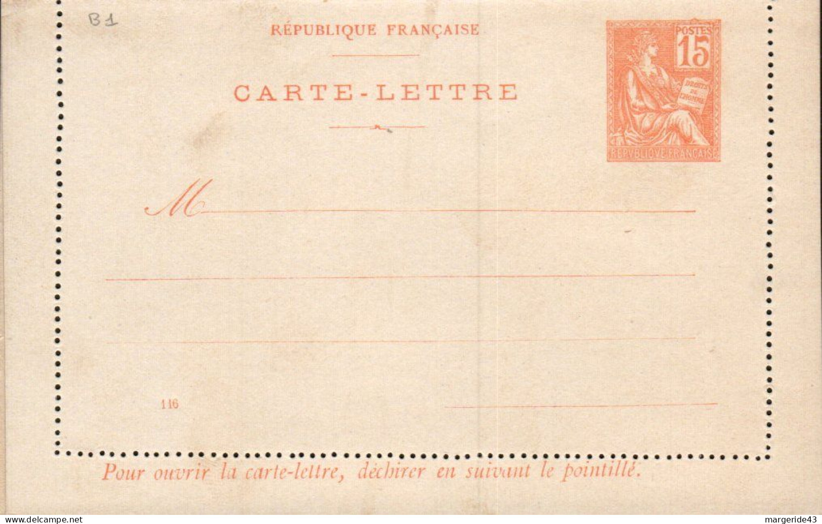 117-CL1  ENTIER CARTE MOUCHON 15 CENT NEUF N°116 - Cards/T Return Covers