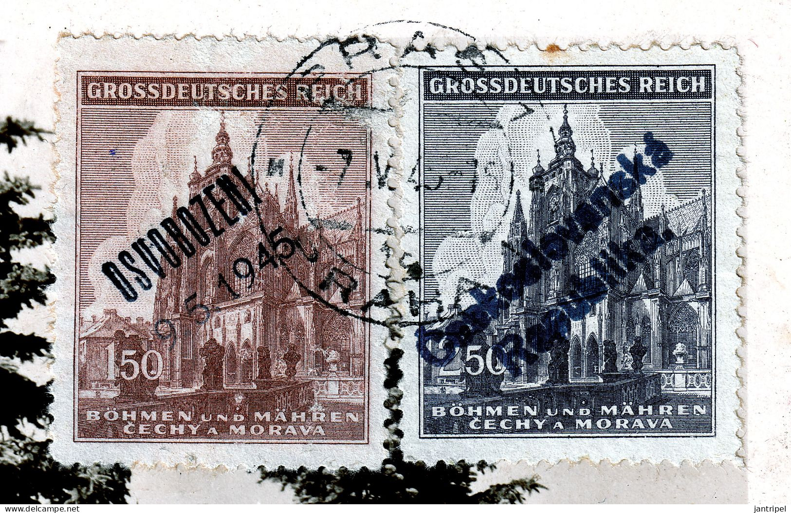 Czechoslovakia P.P.C. PRAG To TABOR 7 MAY 1945  OVERPRINTED STAMPS Check Those Overprints GENUINELY USED On POSTCARD - Briefe U. Dokumente