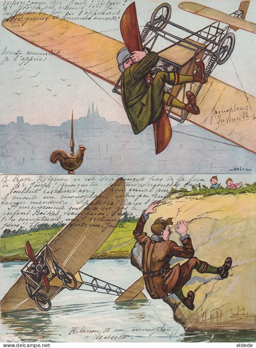 2 Art Cards Signed Plane Crash Humour . Accident Avion . 2 Cartes - Accidentes