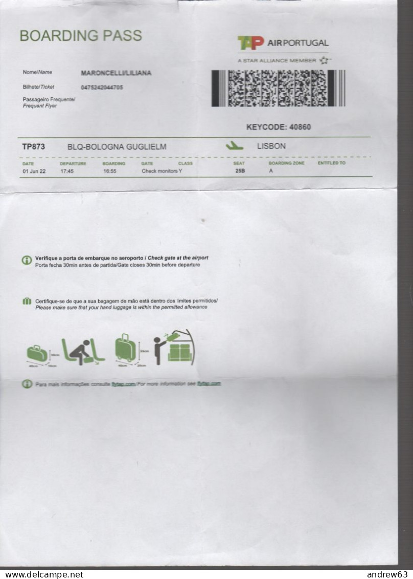 Boarding Pass - 2022 - TAP Air Portugal / Aeroporto Di Bologna - TP873 - Europe