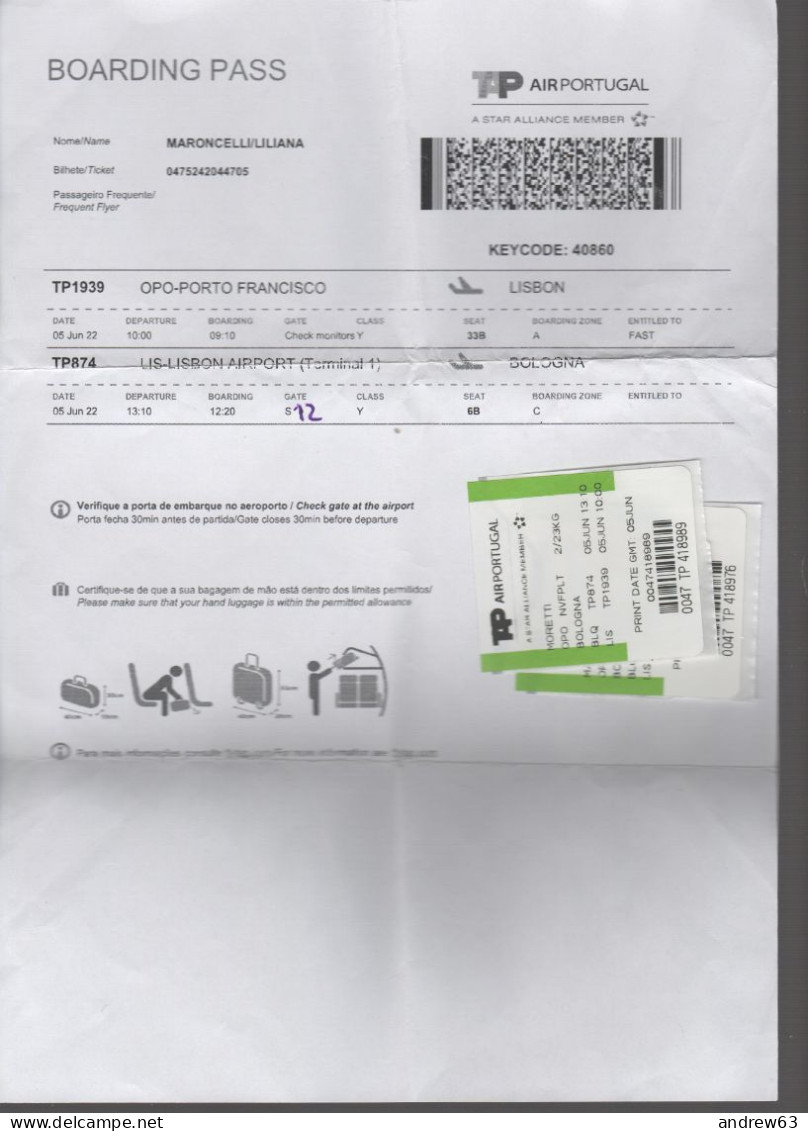 Boarding Pass - 2022 - TAP Air Portugal / Aeroporto De Porto Francisco + Lisbon Airport - TP1939 + TP874 - Europa