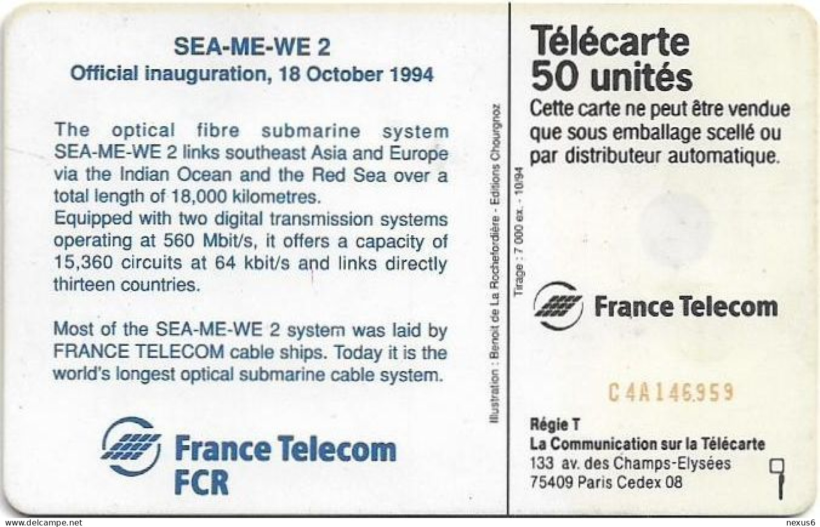 France - En0145 - Sea-Me-We Version Anglaise, 10.1994, 50Units, 7.000ex, Used - 50 Einheiten