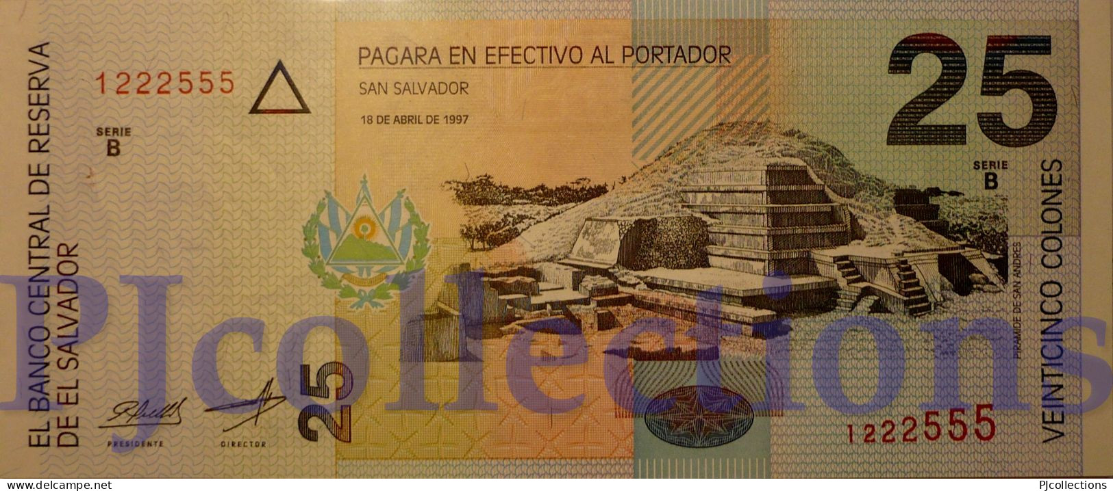EL SALVADOR 25 COLONES 1997 PICK 149a UNC GOOD SERIAL NUMBER "1222555" - El Salvador