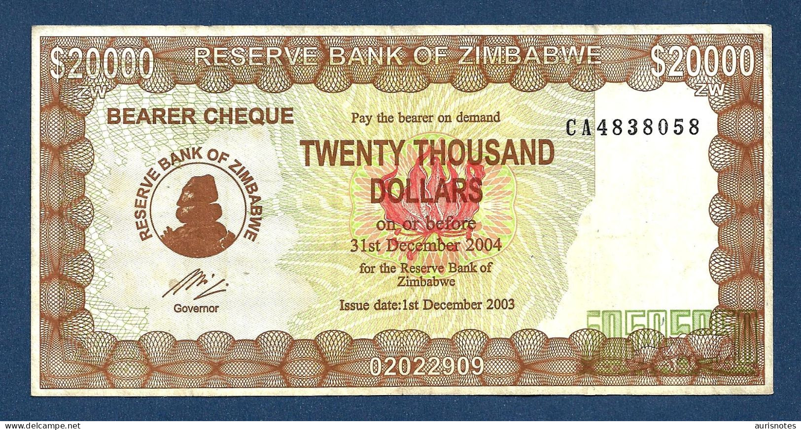 Zimbabwe 20000 Dollars 2004 P23d No Governor Name VF - Zimbabwe