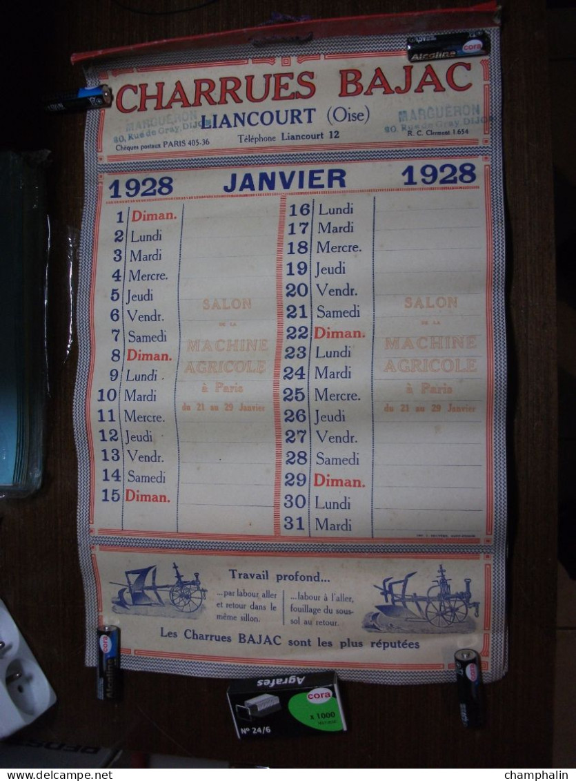 Calendrier Année 1928 - Charrues Bajac à Liancourt (60) - Ets Margueron à Dijon (21) - Matériel Agricole Agriculture - Big : 1921-40