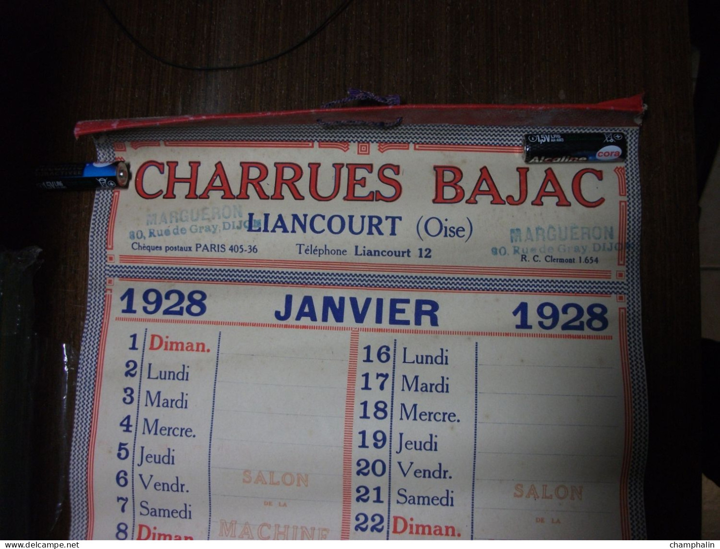 Calendrier Année 1928 - Charrues Bajac à Liancourt (60) - Ets Margueron à Dijon (21) - Matériel Agricole Agriculture - Grand Format : 1921-40