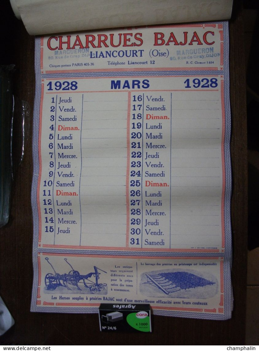 Calendrier Année 1928 - Charrues Bajac à Liancourt (60) - Ets Margueron à Dijon (21) - Matériel Agricole Agriculture - Grossformat : 1921-40