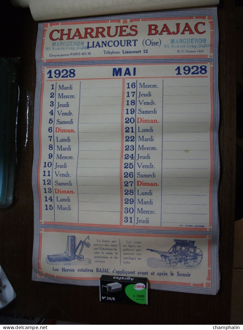 Calendrier Année 1928 - Charrues Bajac à Liancourt (60) - Ets Margueron à Dijon (21) - Matériel agricole Agriculture