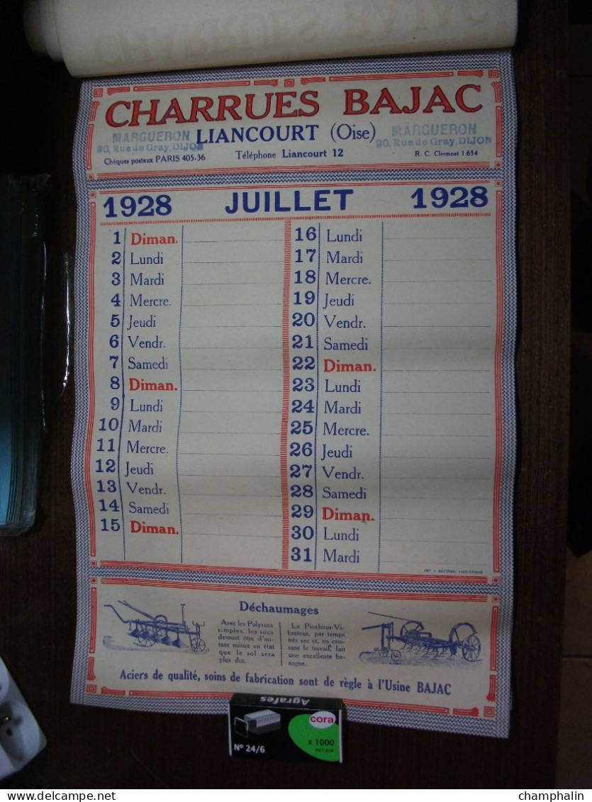 Calendrier Année 1928 - Charrues Bajac à Liancourt (60) - Ets Margueron à Dijon (21) - Matériel agricole Agriculture