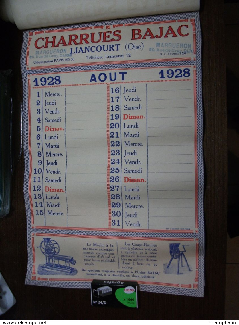 Calendrier Année 1928 - Charrues Bajac à Liancourt (60) - Ets Margueron à Dijon (21) - Matériel agricole Agriculture