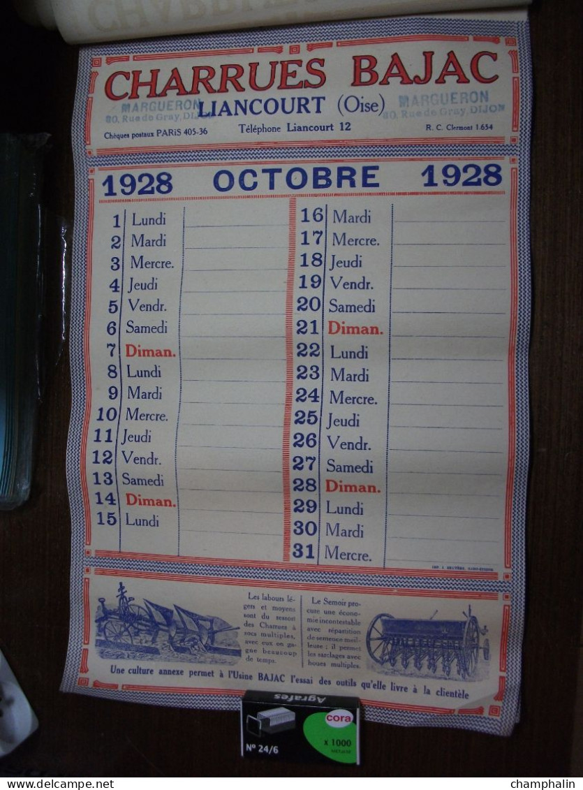 Calendrier Année 1928 - Charrues Bajac à Liancourt (60) - Ets Margueron à Dijon (21) - Matériel agricole Agriculture