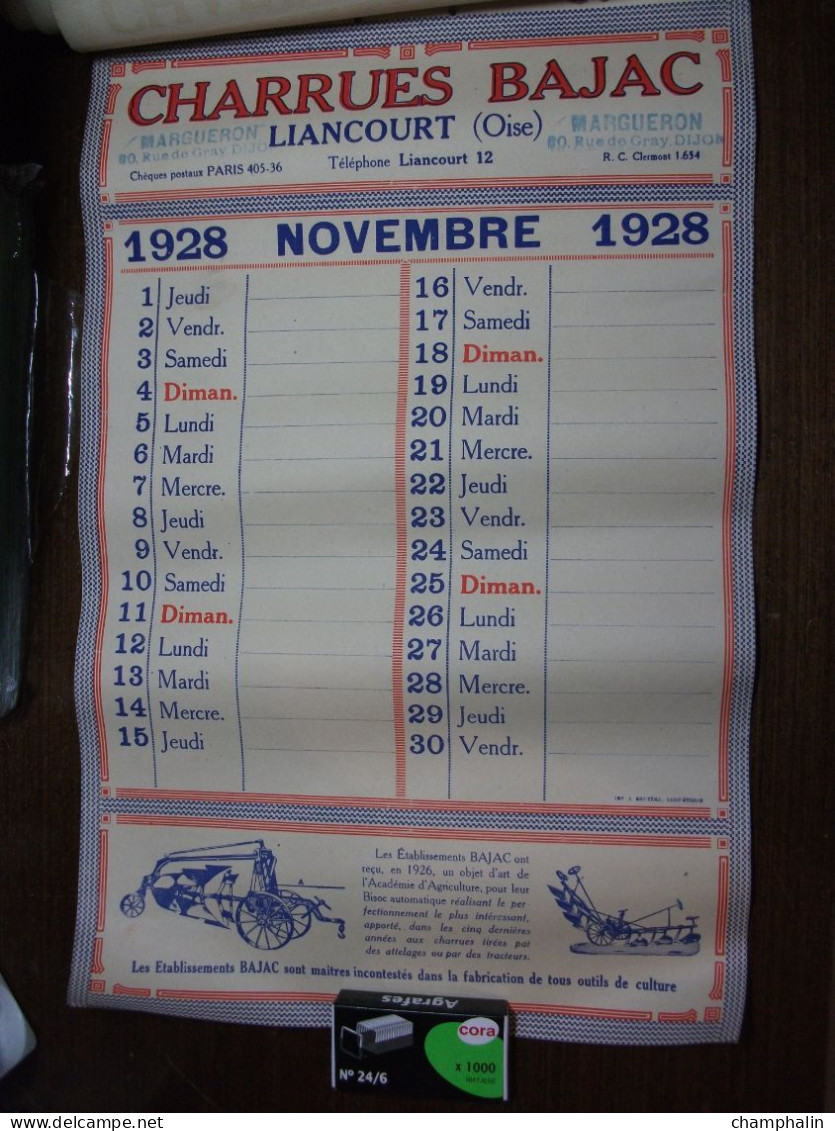 Calendrier Année 1928 - Charrues Bajac à Liancourt (60) - Ets Margueron à Dijon (21) - Matériel agricole Agriculture