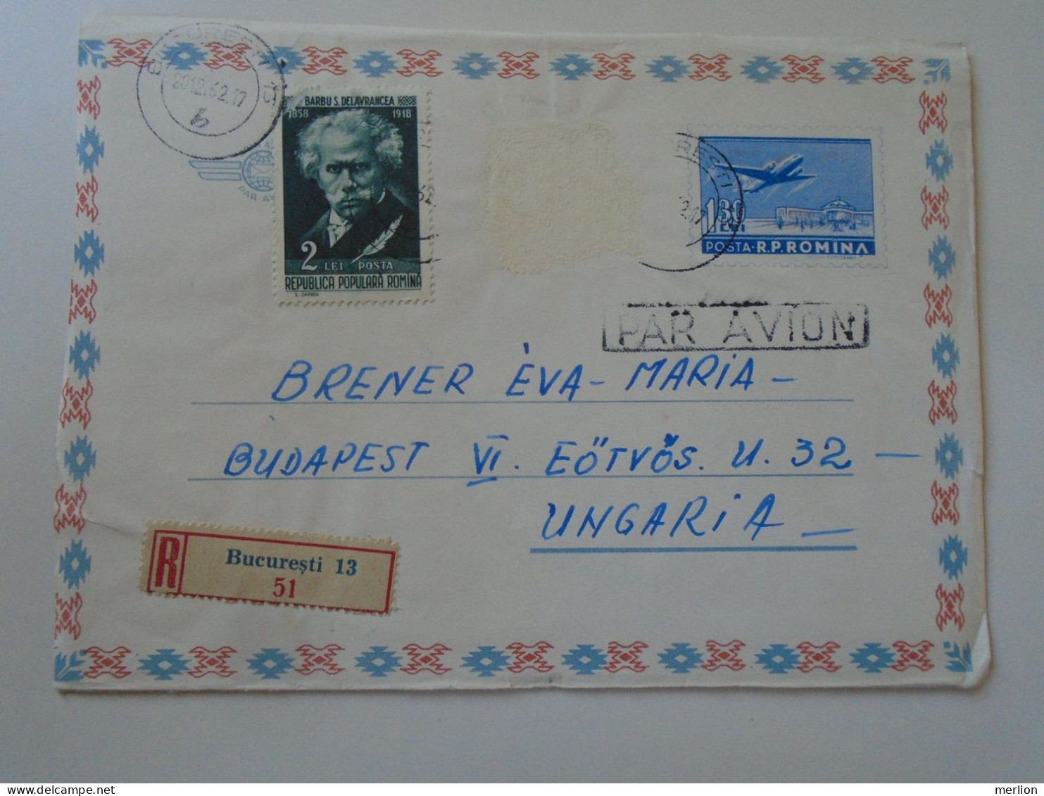 D197930 Romania Registered Stationery Cover   Tarom Bucuresti 1962  Sent To Hungary  Brenner Éva - Storia Postale