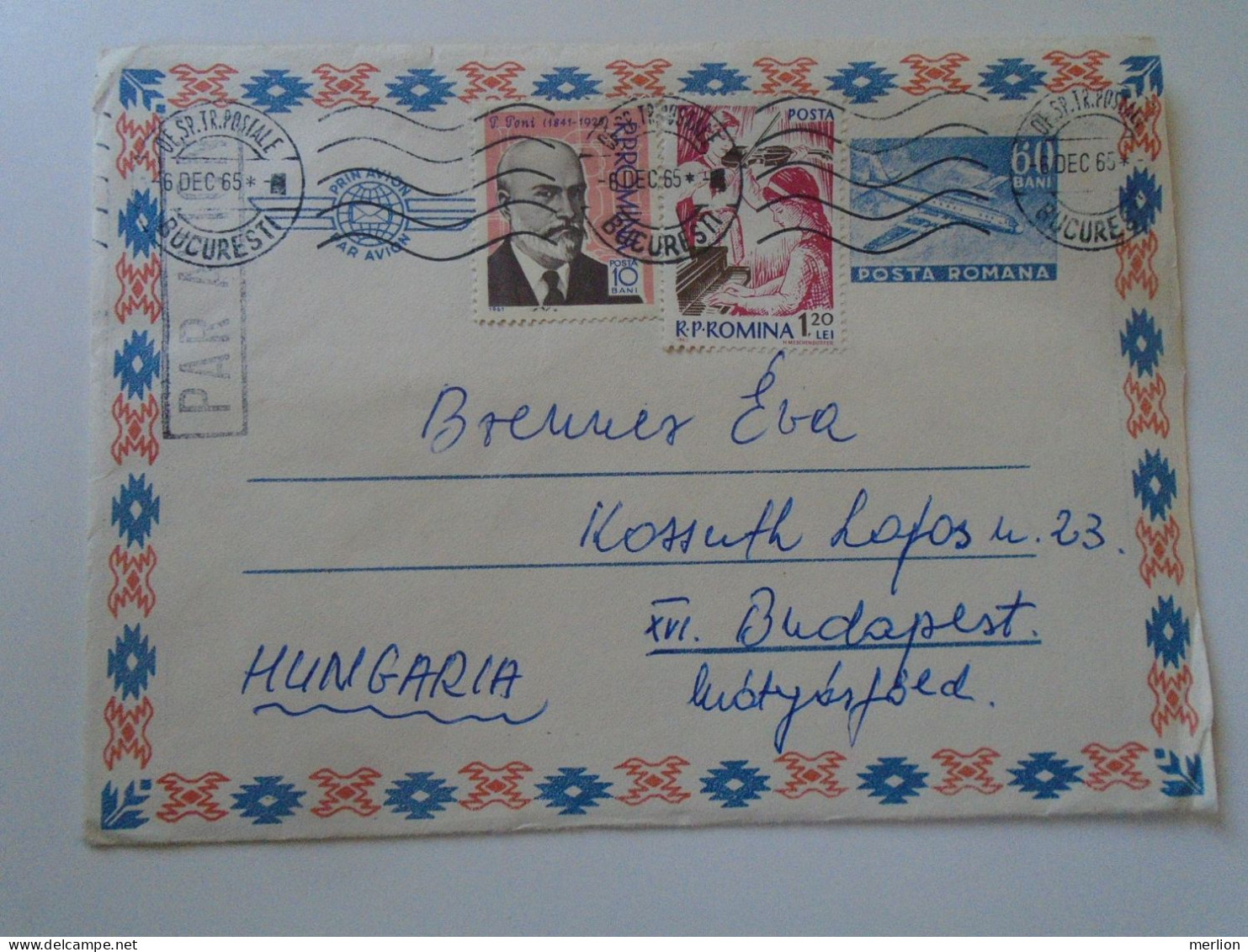 D197934 Romania   Stationery Airmail  Cover   Tarom Bucuresti  1965   Sent To Hungary  Brenner Éva Stamp  Piano Violin - Covers & Documents