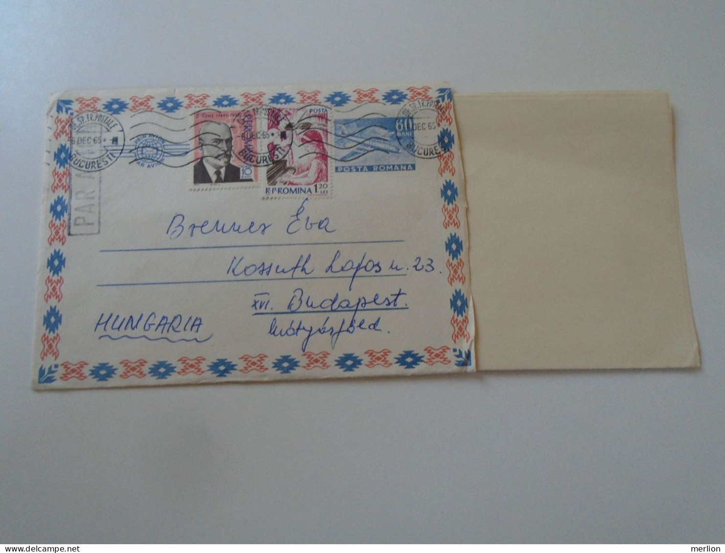 D197934 Romania   Stationery Airmail  Cover   Tarom Bucuresti  1965   Sent To Hungary  Brenner Éva Stamp  Piano Violin - Covers & Documents