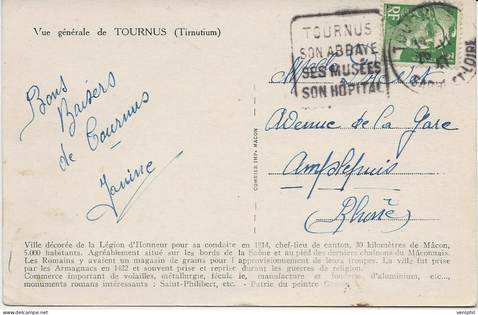 OBLITERATION DAGUIN SUR CARTE "   TOURNUS -SON ABBAYE -SES MUSEES -SO HOPITAL -  CAD TOURNUS  1947 - Mechanical Postmarks (Other)