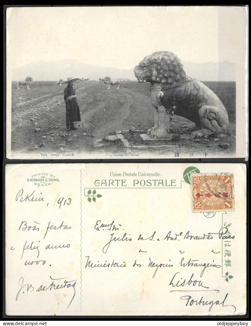 1913 CHINA 1c  DRAGON SOLO CARD COVER PEKIN PEKING BEIJING TO LISBON PORTUGAL "THE MING TOMES"  - 1912-1949 Republic