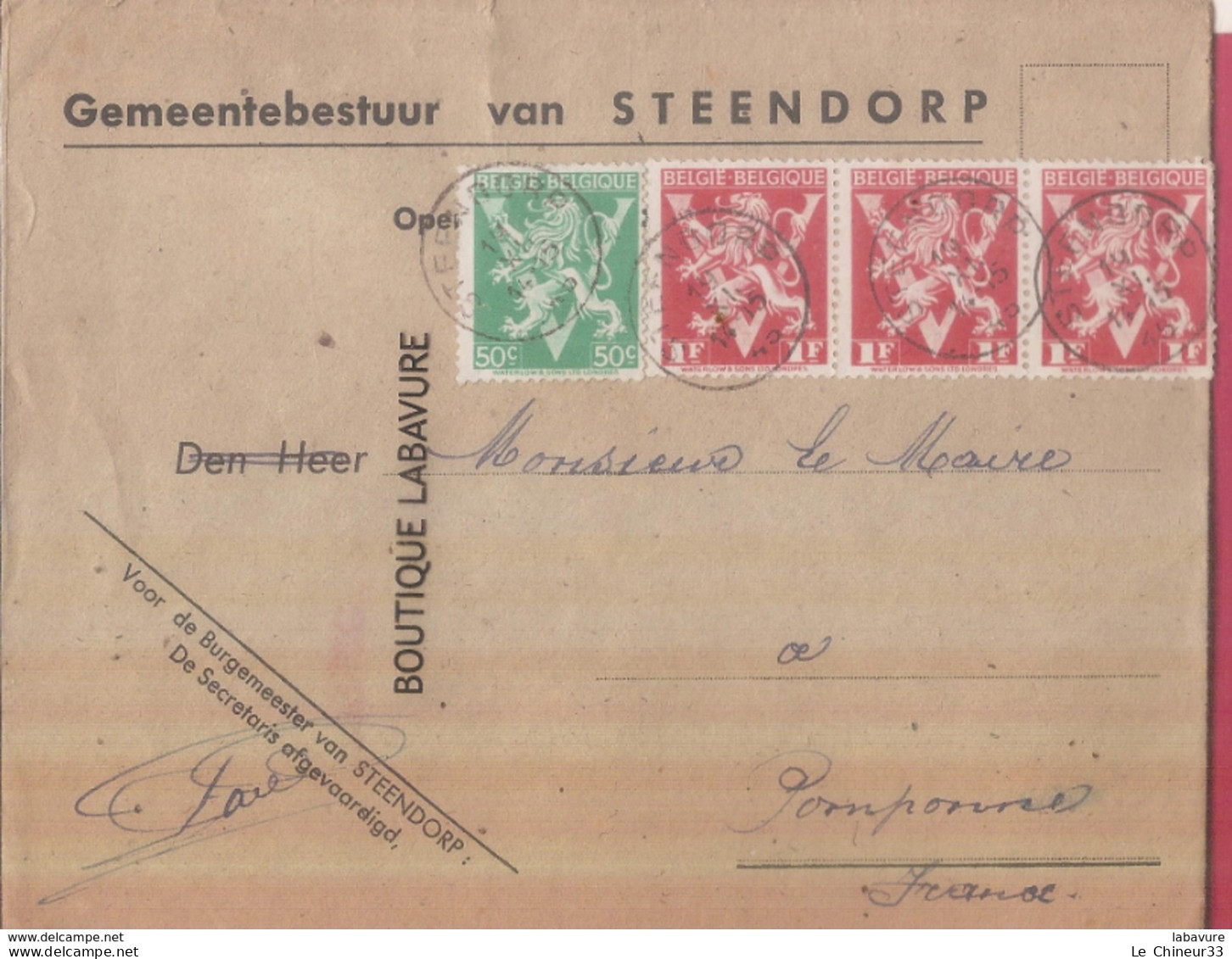 BELGIQUE---Sur Enveloppe--Pour Pomponne France - 1929-1937 Heraldieke Leeuw