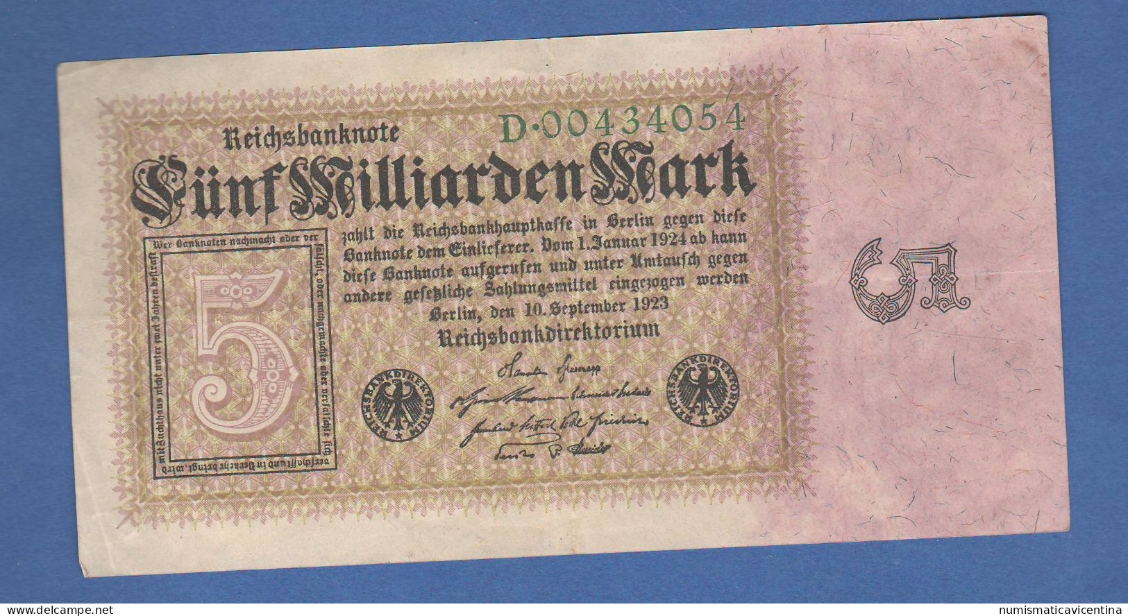 Germany Funf 5 Milliarden Mark September 1923 Germania Banknote - 5 Mrd. Mark