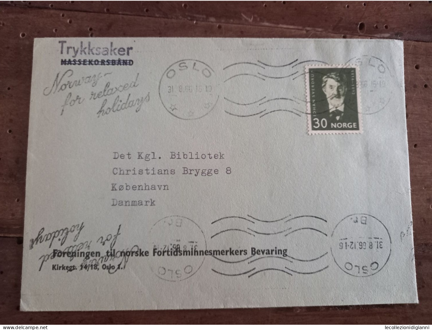 838) Norge Busta Stampe Trykksaker 1966 Viaggiata Da Oslo A Copenaghen Timbro Pubblicità Norway For Relaxed Holidays - Briefe U. Dokumente