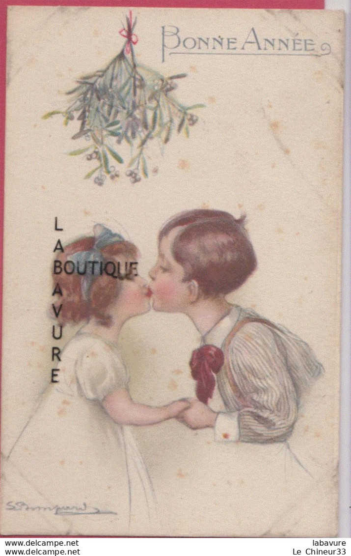 ILLUSTRATEURS --S-BOMPARD---Couple D'enfants S'embrassant Sous Le Gui --Bonne Année - Bompard, S.