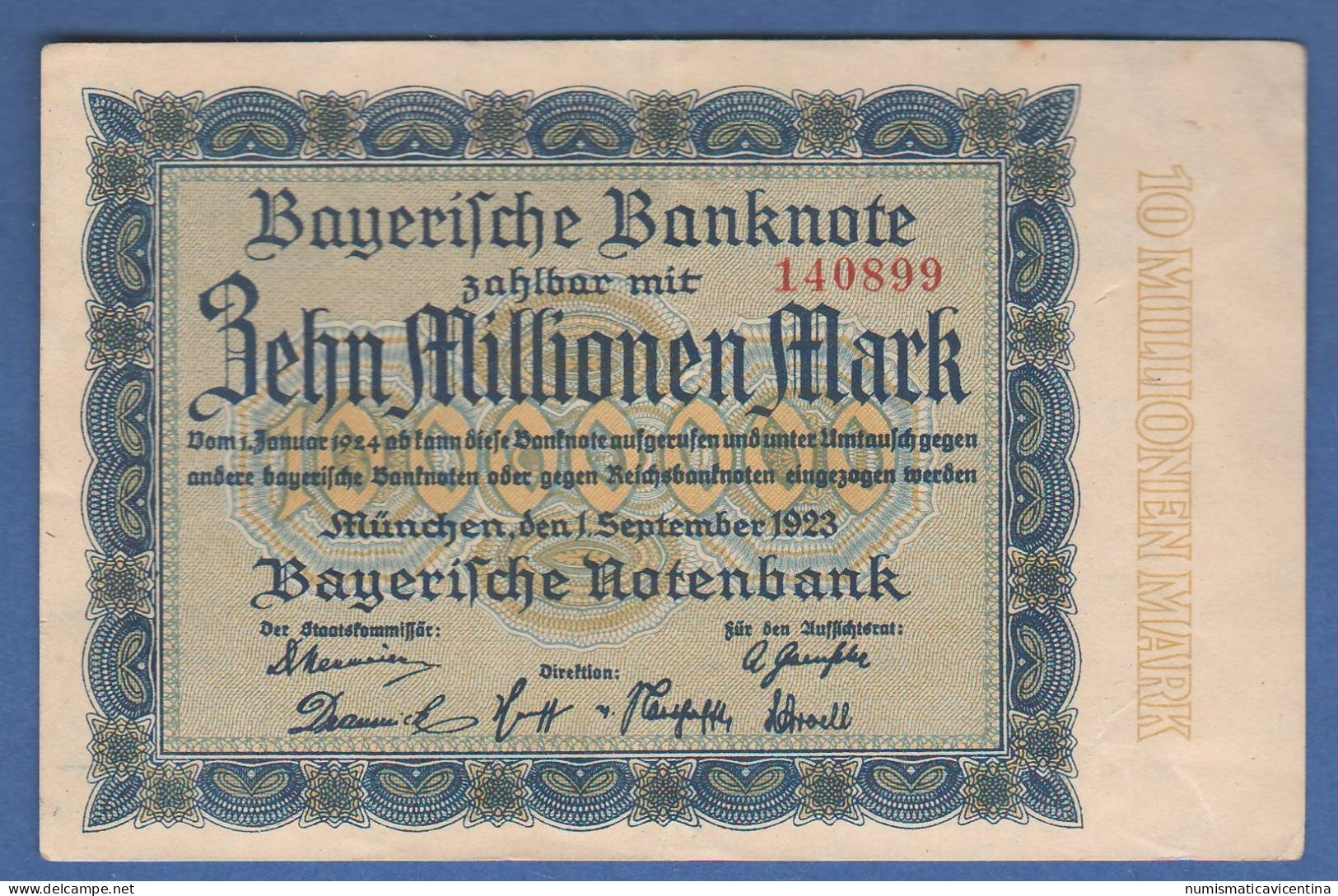 Banknote 10 Millionen Mark September 1923 Bayerische Notenbank Bayerische  Germania Banknote - Sin Clasificación