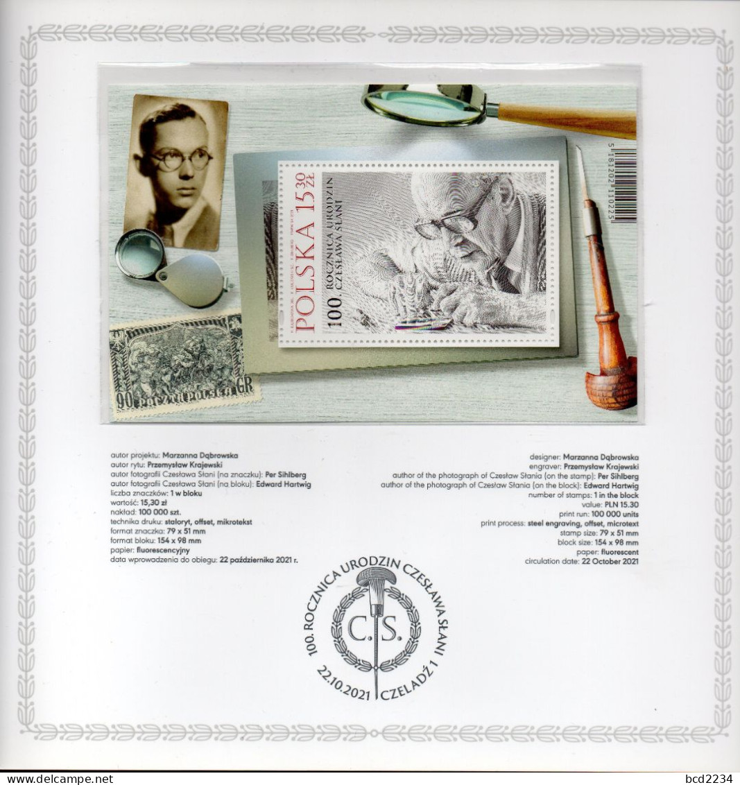 POLAND 2021 POST OFFICE LIMITED EDITION FOLDER: 100TH ANNIVERSARY OF BIRTH OF THE POLISH MASTER ENGRAVER SLANIA MS S/S - Briefe U. Dokumente