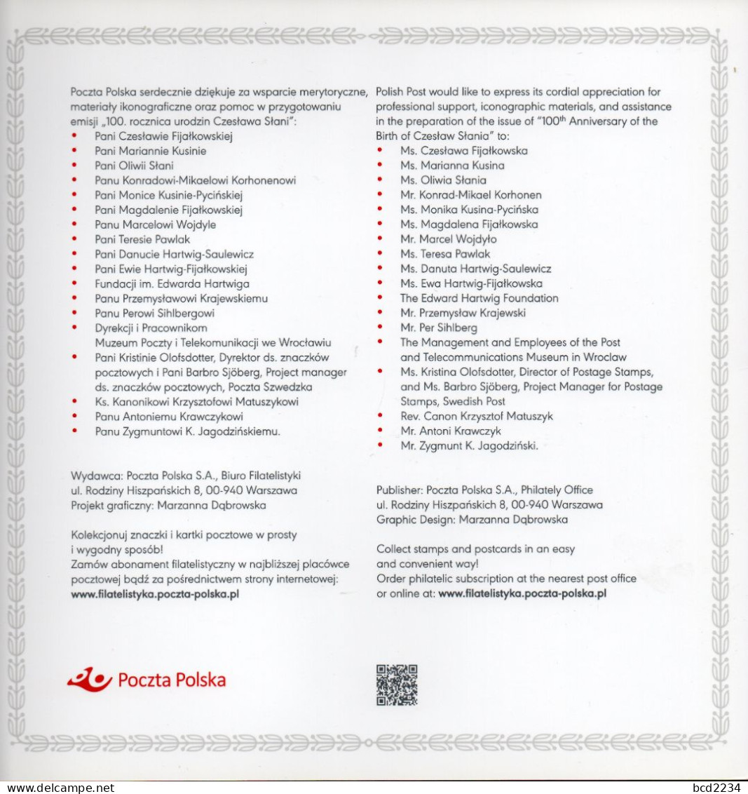 POLAND 2021 POST OFFICE LIMITED EDITION FOLDER: 100TH ANNIVERSARY OF BIRTH OF THE POLISH MASTER ENGRAVER SLANIA MS S/S - Briefe U. Dokumente